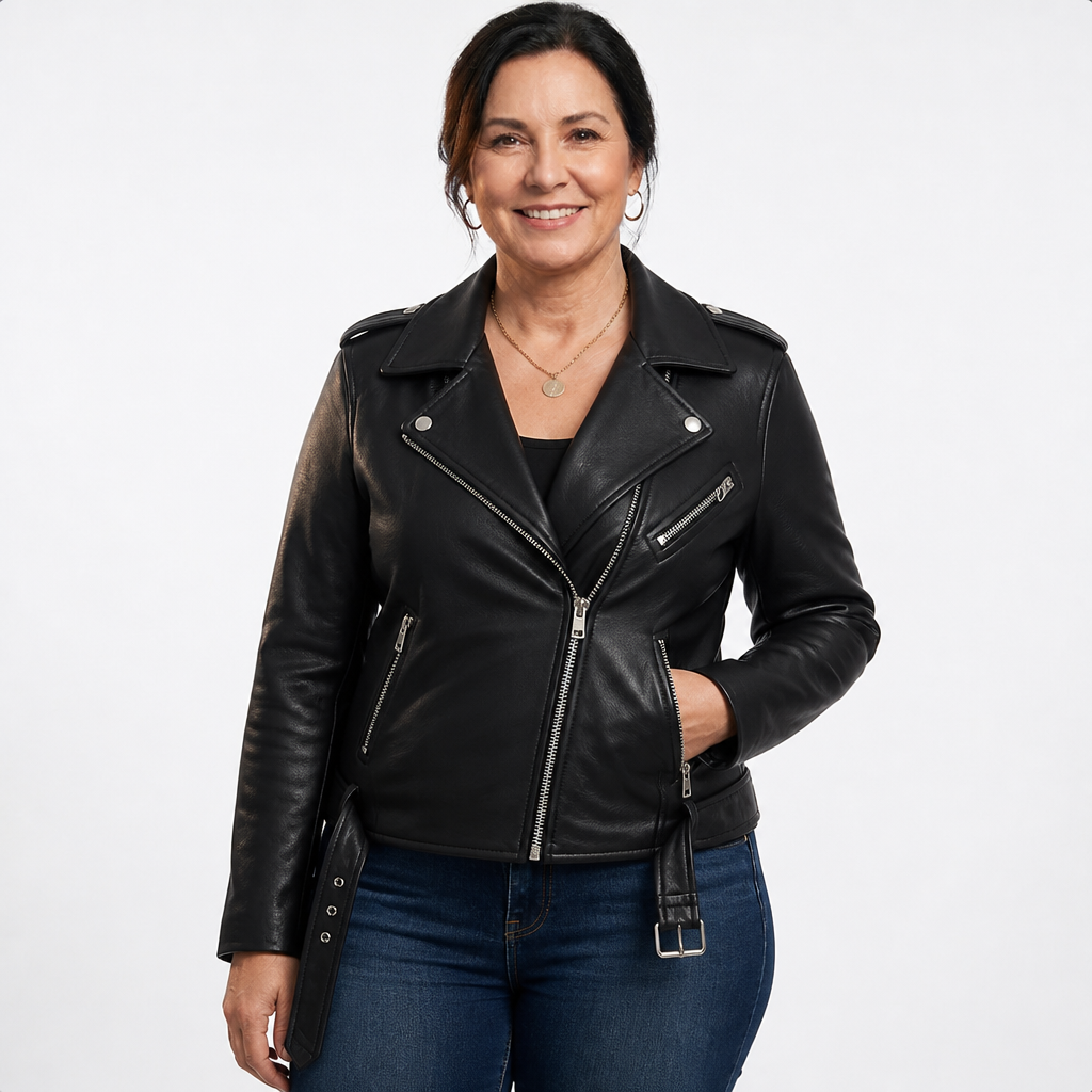 Women's Slim Fit Zip Up Biker Jacket - Black