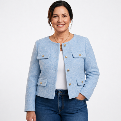 Women's Tailored Tweed Cropped Blazer with Gold Buttons - Light Blue