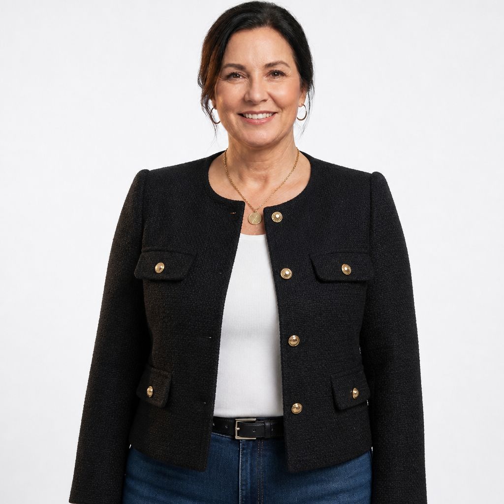 Women's Tailored Tweed Cropped Blazer with Gold Buttons - Black