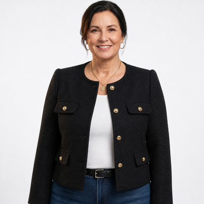 Women's Tailored Tweed Cropped Blazer with Gold Buttons - Black