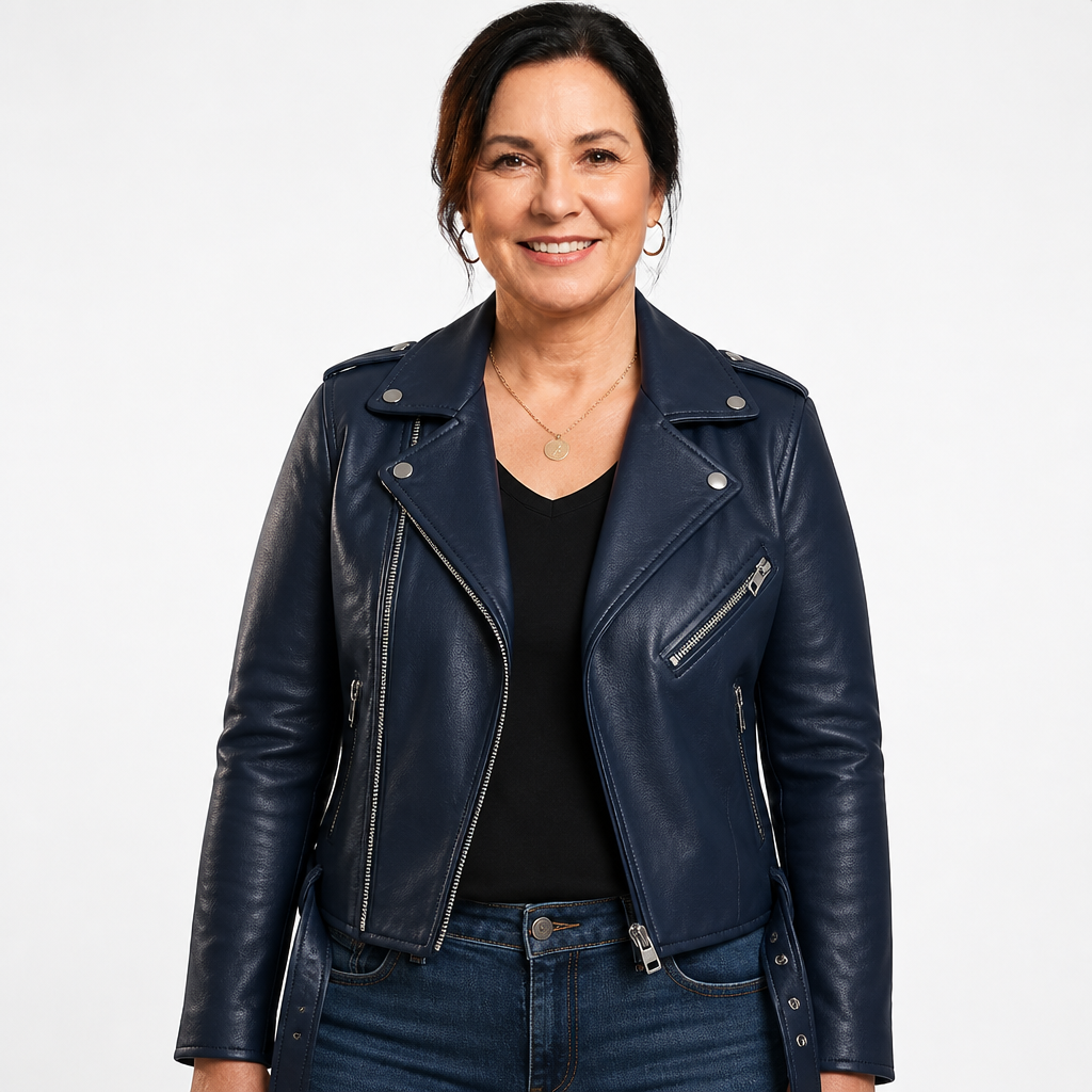 Women's Slim Fit Zip Up Biker Jacket - Dark Blue