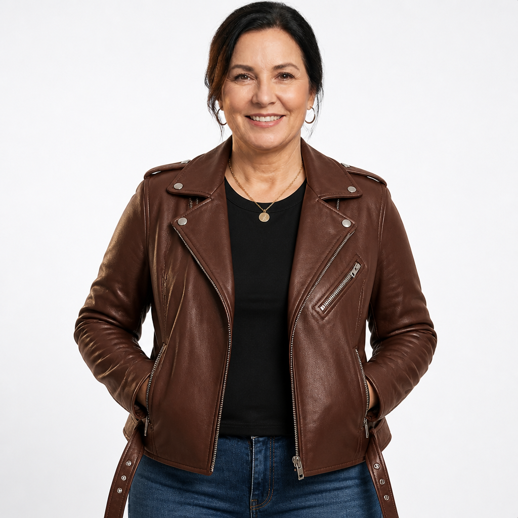 Women's Slim Fit Zip Up Biker Jacket - Brown