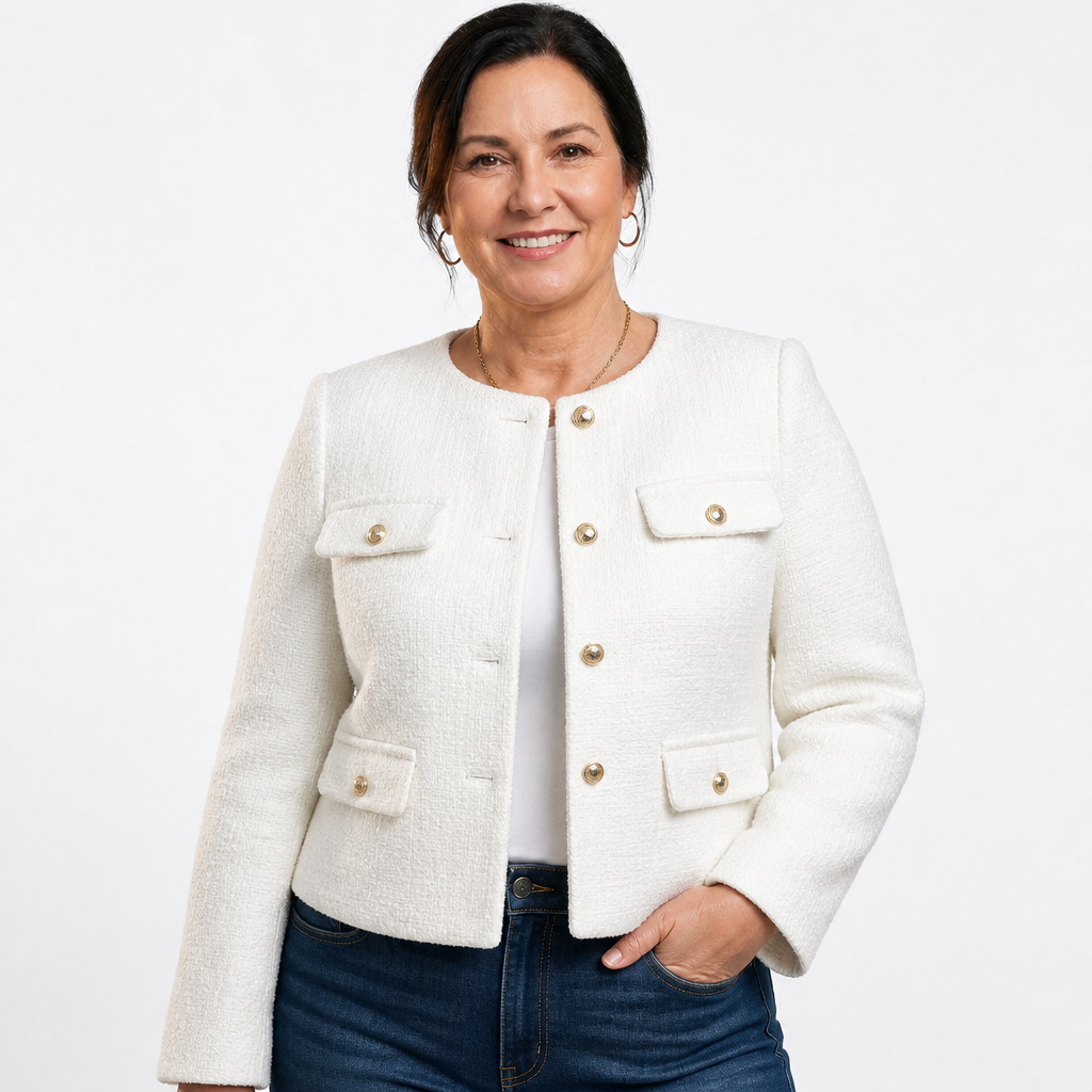 Women's Tailored Tweed Cropped Blazer with Gold Buttons - White