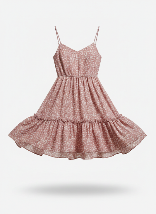 Short Dress with Pink Flowers and a Babydoll Cut