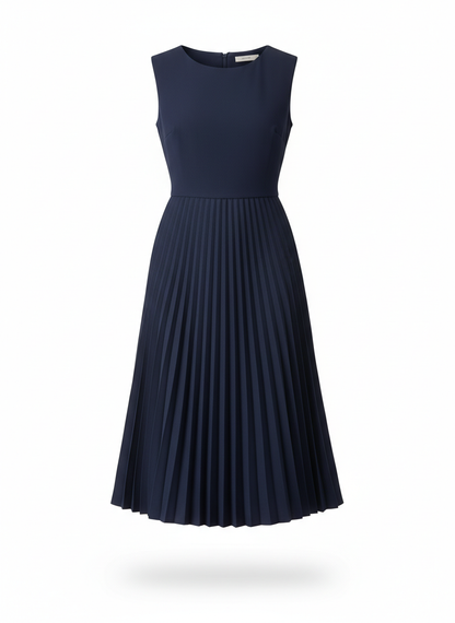 Midi Dress with Pleated Skirt and Drop Waist Cut
